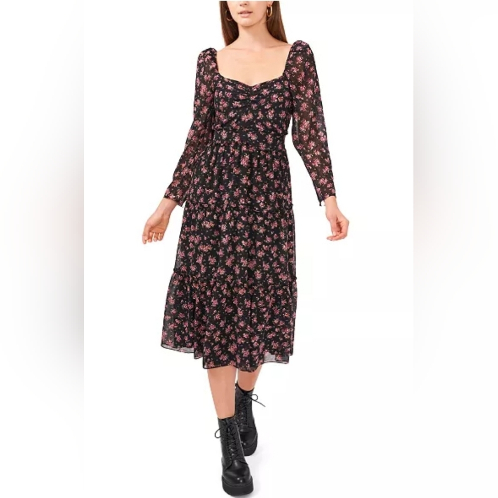 1 STATE Dress Midi Black Gold Romantic Blooms Floral New NWT